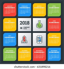 Calendar for 2018 year. Colorful vector design template. Week starts on Sunday. Flat style color vector illustration with business icons