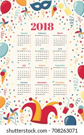 Calendar for 2018 year with confetti, jester hat, mask, balloons, windmills, ice cream, cocktails, serpentine. Week starts from Monday. Sans serif font. Vector illustration