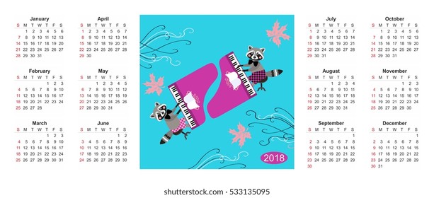 Calendar for 2018 year with cute raccoons - musicians on sunny blue background - 1. Week starts on sunday. Childish design.