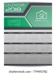 Calendar for 2018 Year. Design template with place for photo and week starts on monday