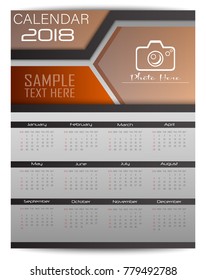 Calendar for 2018 Year. Design template with place for photo and week starts on monday