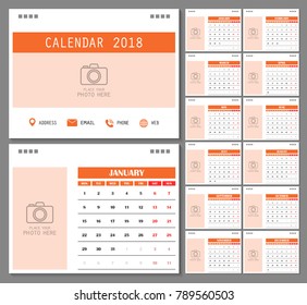 Calendar for 2018 Year. Design template with place for photo and week starts on monday