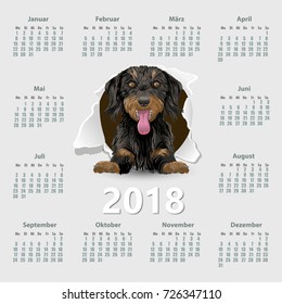 Calendar 2018 year with dog German. Week starting on Monday. eps