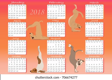 Calendar for 2018 year. Dogs - Yoga.