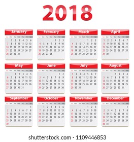 Calendar for 2018 year in English. Vector illustration