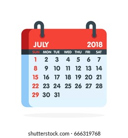 Calendar for 2018 year. Full month of July icon. Vector illustration.