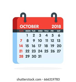 Calendar for 2018 year. Full month of October icon. Vector illustration.