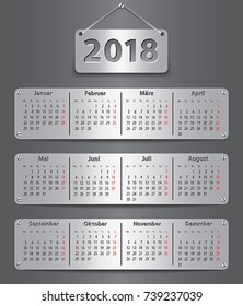 Calendar for 2018 year in German with attached metallic tablets. Vector illustration