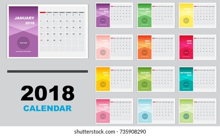 Calendar 2018 year horizontal template design. Calendar Template week starts from Sunday and ends with Saturday.Vector eps10