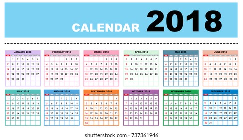 Calendar 2018 year horizontal template design. Calendar Template week starts from Sunday and ends with Saturday.Vector eps10