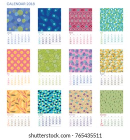 Calendar 2018 year illustrated with different pattern on each month. Starts on sunday