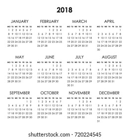 Calendar for 2018 year isolated on a white background. Week starts monday. Vector design template