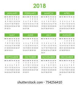 Calendar for 2018 year isolated on a white background. Week starts monday. Vector design template