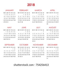 Calendar for 2018 year isolated on a white background. Week starts monday. Vector design template