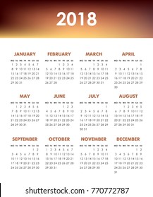 Calendar for 2018 year isolated on a white background. Week starts monday. Vector design template