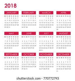 Calendar for 2018 year isolated on a white background. Week starts monday. Vector design template