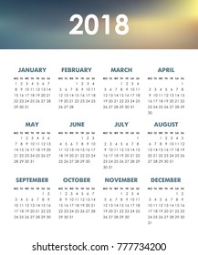 Calendar for 2018 year isolated on a white background. Week starts monday. Vector design template