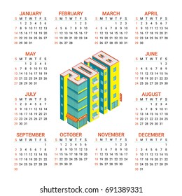 Calendar for 2018 Year with isometric buildings. Real estate, construction concept. City landscape with big towers. Creative holiday vector illustration on a white background. Week starts from sunday.