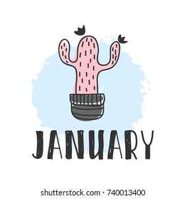 Calendar 2018 year january month. Stock vector. Fun and cute calendar with hand drawn succulents and cactus plants. cute colors.