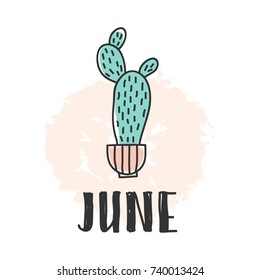 Calendar 2018 year june month. Stock vector. Fun and cute calendar with hand drawn succulents and cactus plants. cute colors.