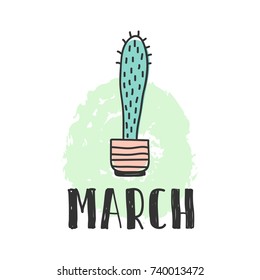 Calendar 2018 year march month. Stock vector. Fun and cute calendar with hand drawn succulents and cactus plants. cute colors.