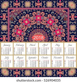 Calendar for 2018 year on ethnic floral background. Mandala pattern. Week starts on sunday. Vector template. 