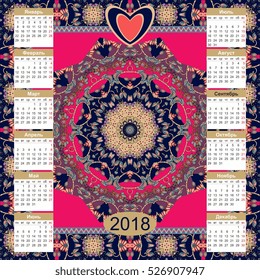 Calendar for 2018 year on ethnic ornamental background. Mandala pattern. Week starts on monday. Vector template 1. Russian language.