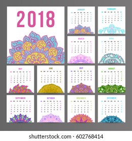 Calendar for 2018 year on indian ornamental. Week starts on sunday. Vintage design.