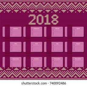 Calendar 2018 year on knitted seamless pattern. Week starts Sunday. Vector. Knit sweater design in retro colors. Stationery template. Yearly vintage calendar organizer. 