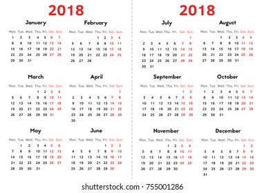 Calendar for 2018 Year on Transparent Background. Week Starts at Monday. Simple Vector Template. Stationery Design