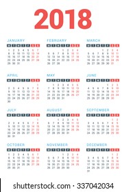 Calendar for 2018 Year on White Background. Week Starts Monday. Vector Design Print Template