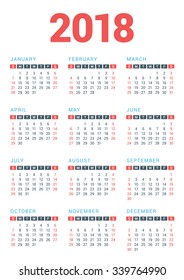 Calendar for 2018 Year on White Background. Week Starts Sunday. Vector Design Print Template