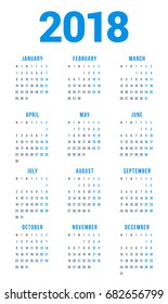 Calendar for 2018 Year on White Background. Week Starts Monday. 3 columns, 4 rows. Simple Vector Template. Stationery Design Template