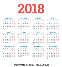 Calendar for 2018 Year on White Background. Week Starts Monday. 4 columns, 3 rows. Simple Vector Template. Stationery Design Template