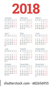 Calendar for 2018 Year on White Background. Week Starts Monday. 3 columns, 4 rows. Simple Vector Template. Stationery Design Template