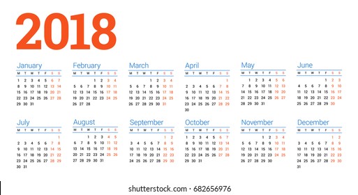 Calendar for 2018 Year on White Background. Week Starts Monday. 6 columns, 2 rows. Simple Vector Template. Stationery Design Template