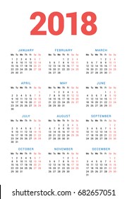 Calendar for 2018 Year on White Background. Week Starts Monday. 3 columns, 4 rows. Simple Vector Template. Stationery Design Template