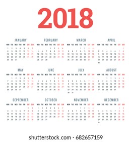 Calendar for 2018 Year on White Background. Week Starts Monday. 4 columns, 3 rows. Simple Vector Template. Stationery Design Template