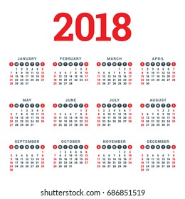 Calendar for 2018 Year on White Background. Week Starts on Sunday. 4 columns, 3 rows. Simple Vector Template. Stationery Design