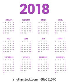 Calendar for 2018 Year on White Background. Week Starts on Sunday. 4 columns, 3 rows. Simple Vector Template. Stationery Design