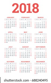 Calendar for 2018 Year on White Background. Week Starts on Sunday. 3 columns, 4 rows. Simple Vector Template. Stationery Design