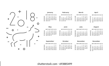 Calendar for 2018 Year on White Background. 2018 Chinese new year of Dog. Monthly calendar 2018 with cute dog.