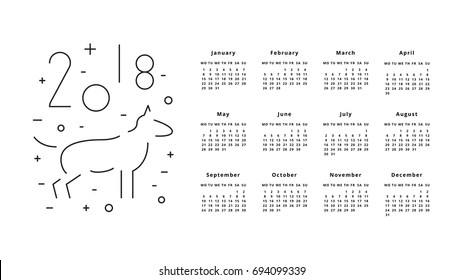 Calendar for 2018 Year on White Background. 2018 Chinese new year of Dog. Monthly calendar 2018 with cute dog. Vector illustration for planner design, cards, printing, wallpaper with dog