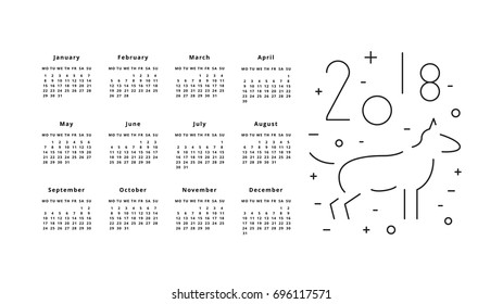 Calendar for 2018 Year on White Background. 2018 Chinese new year of Dog. Monthly calendar 2018 with outline dog. Vector illustration for planner design, cards, printing, wallpaper with dog