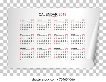 Calendar 2018 year on white paper curled with soft shadow and transparent background. Vector illustration.