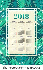 Calendar for 2018 year with palm leaves. Tropical frame. Week starts from Monday. Retro vector illustration