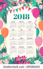 Calendar for 2018 year with palm leaves, pink, white frangipani, plumeria, flowers, flags, balloons frame. Week starts from Monday. Retro vector illustration 