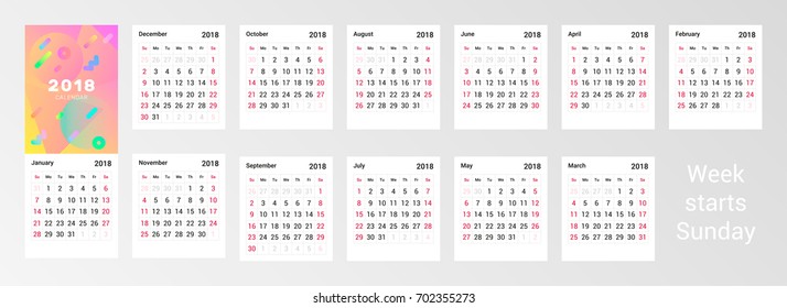 Calendar for 2018 year. Print template with portrait orientation. Week starts Sunday.