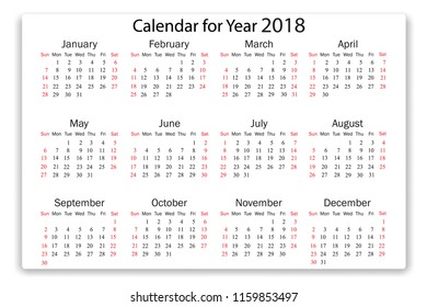 Calendar 2018 year in simple style on white background. Week starts from Sunday. Vector illustration.