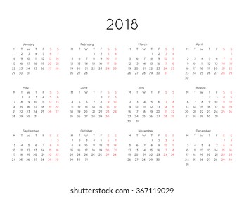 Calendar 2018 year simple style. Week starts from monday